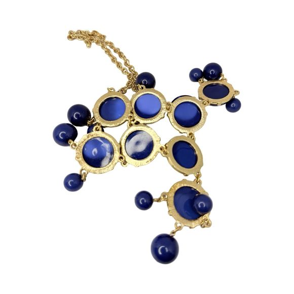 Navy Blue Cabochon Chandelier Statement Necklace 22” Bubbles Runway Gold Tone - Picture 14 of 16